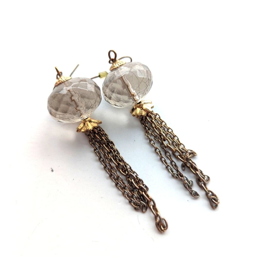 Vintage Gold Tone Faceted Lucite Globe Dangle Chain Drop Hook Boho Earrings